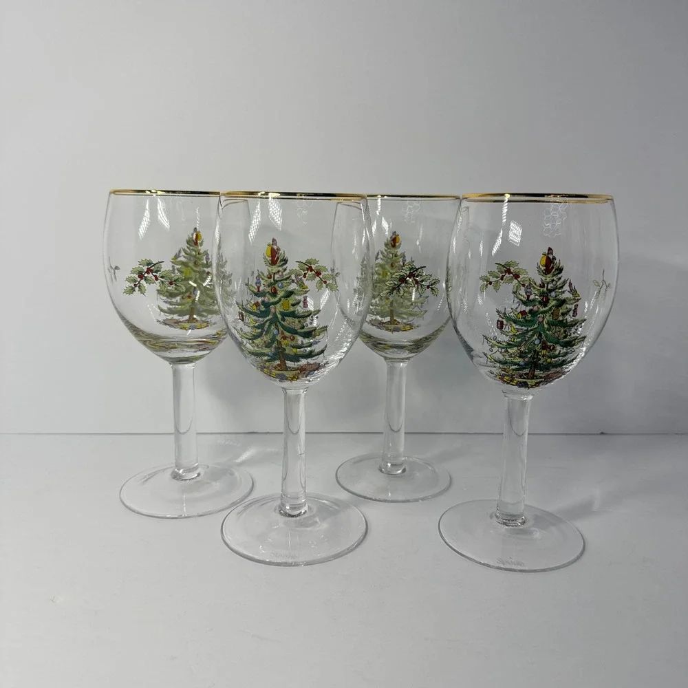 Spode Christmas Tree Wine Glasses Set of 4 Gold Rim Holiday Stemware 7.25 inch